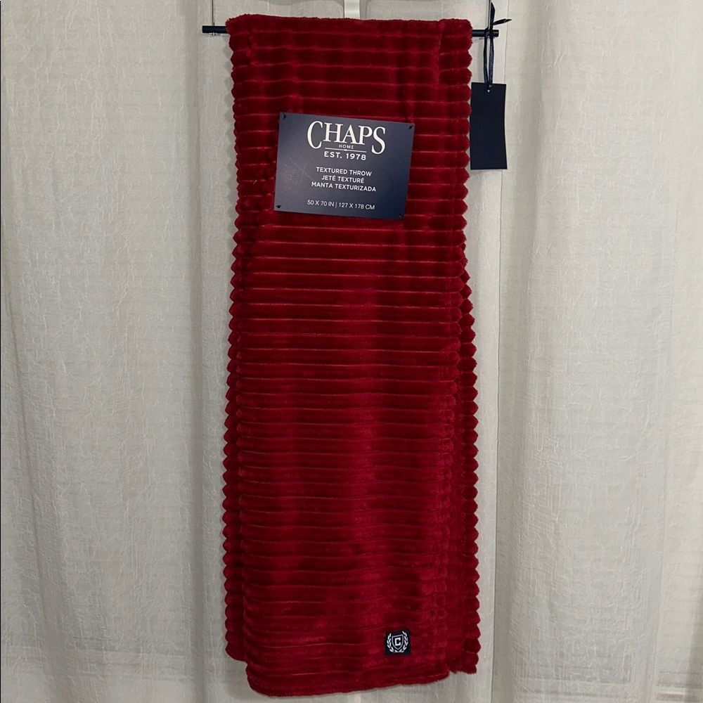 CHAPS Cherry Red Plush Blanket Throw with a Hanger Ribbed Stripe